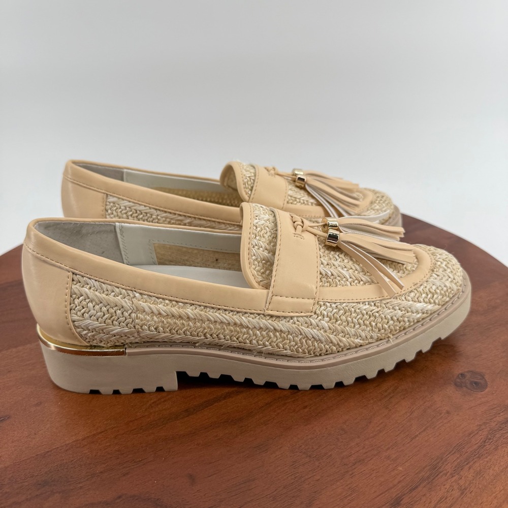 Franco Sarto Carney3 Beige Woven Raffia Tassel Lug Sole Loafers Womens 8M EUR 38